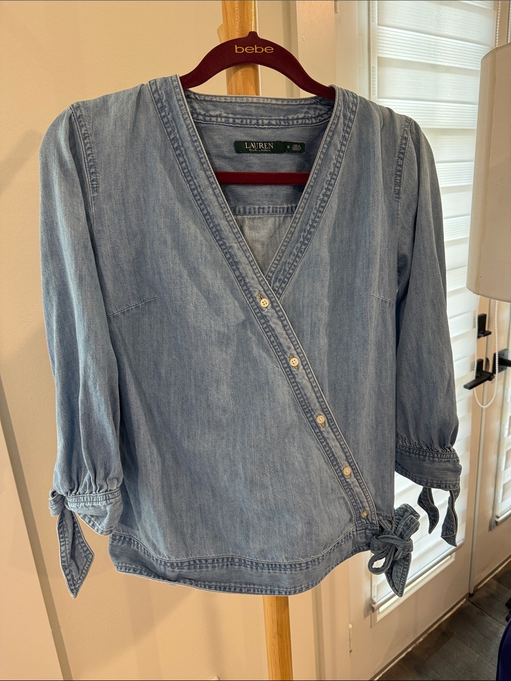 Lauren Ralph Lauren Light Wash Denim Wrap Blouse